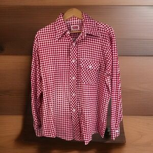 Vintage Mens Flannel Bread Gingham Red L Wide Collar Retro Western Checkered
